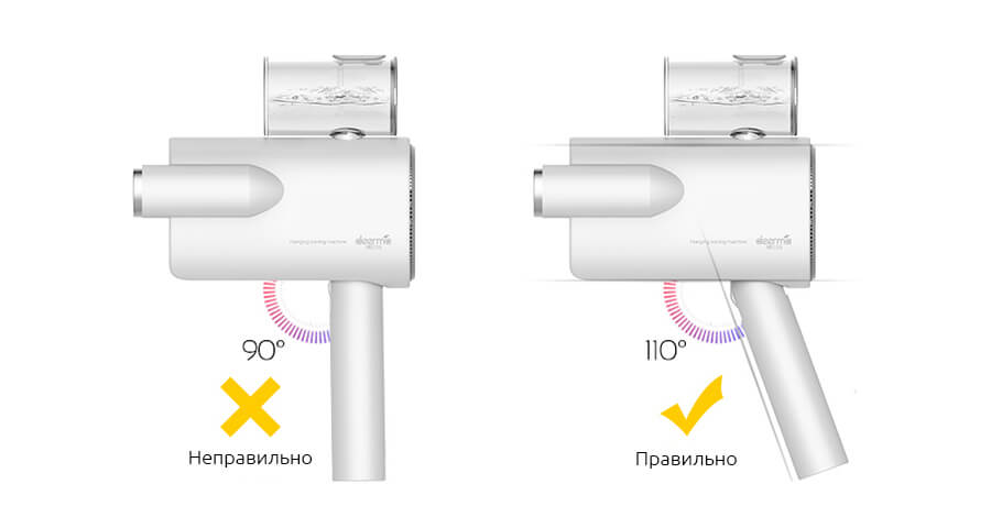 Правильное положение ручки отпаривателя Xiaomi Deerma DEM-HS007 в рабочем положении составляет 110 градусов
